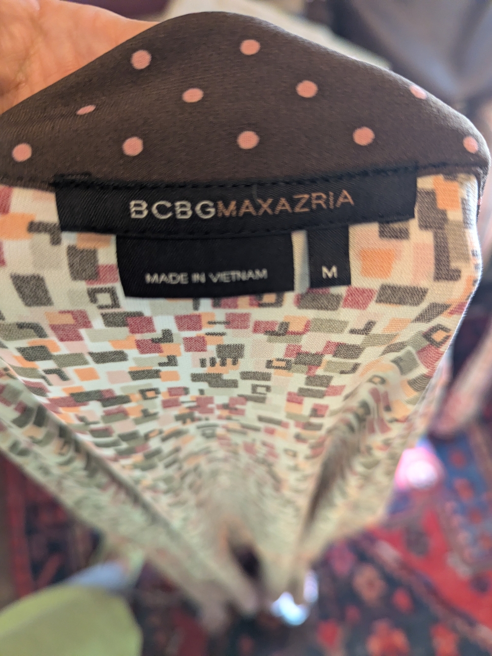 BCBGMaxAzria Multicolor Geometric Wrap Dress with Brown Polka Trim - Picture 4 of 8